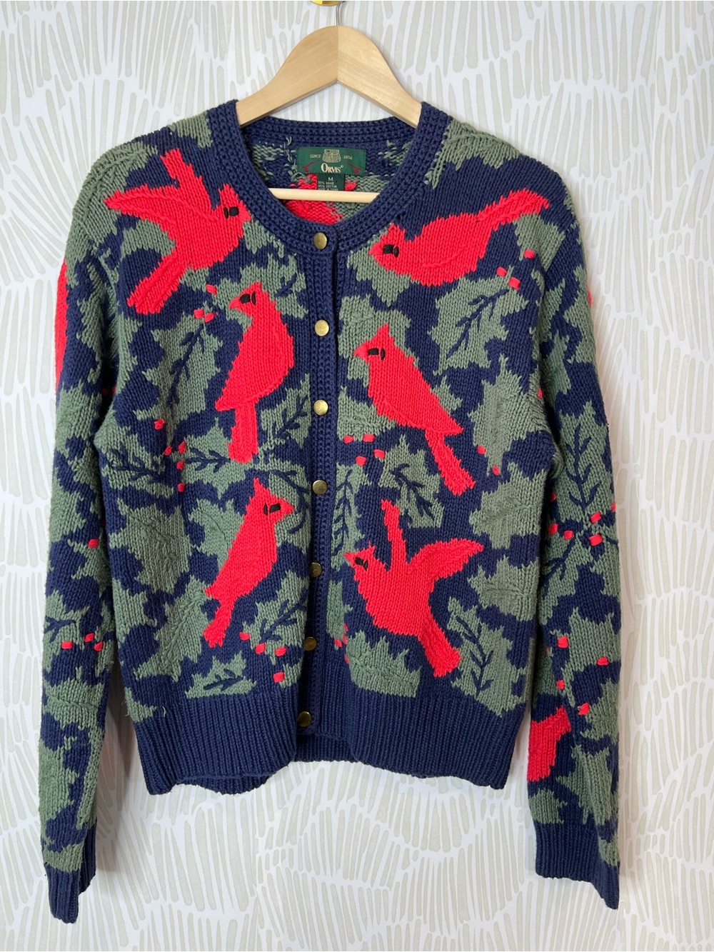 Orvis Cardinal Bird Knit Cardigan Sweater Navy Holly Button Front cotton blend - Picture 2 of 14